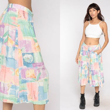 Floral Midi Skirt 90s Pleated Skirt Boho Print HIGH WAISTED 1990s Vintage Hippie Festival Summer Skirt Pastel Pink Purple Green Large L 