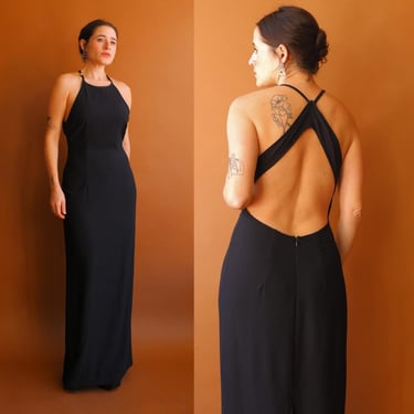 Vintage 90s Backless Long Black Dress/ 1990s Open Back Gown/ Size Medium 