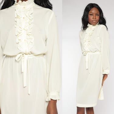 70s Ruffle Dress Off White Button Up Midi High Collar Boho High Waisted Tuxedo Secretary Minidress Long Sleeve Vintage 1970s Small Medium 