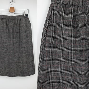 Vintage 80s Oscar de la Renta XS Wool Blend Plaid Straight Knee Length Skirt 