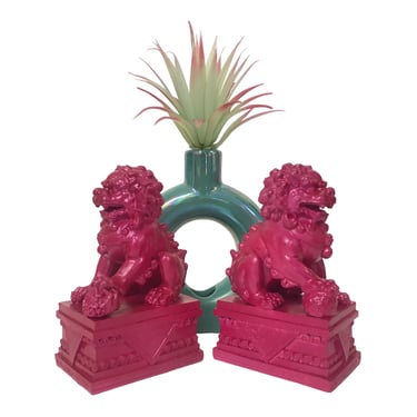 Hot Pink FOO DOGS / Male & Female || Vintage Guardian Shi Shi Lions | Color Pop Protection Statues | Modern Chinoiserie Home Decor 