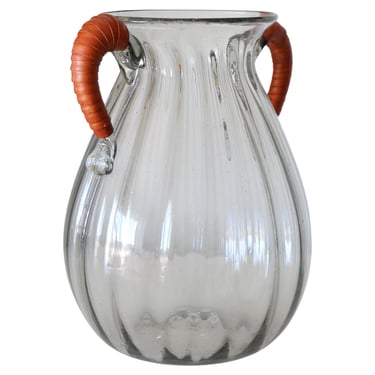 Vintage Mexican Handblown Glass and Leather Vase with Handles Ribbed Jug 