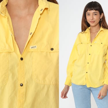 90s Guess Yellow Cotton Shirt Oversized Button-Up Snap Buttons Pointed Collar Chest Pockets Vintage 1990s 