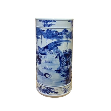 Chinese Blue White Porcelain Flower Birds Graphic Column Vase Holder ws2716E 
