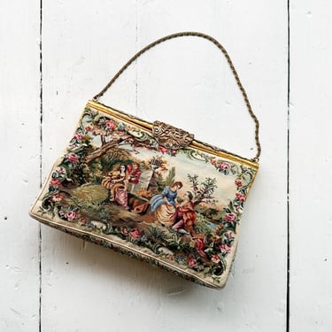 1950s French Petit Point Courtly Love Scene Frame Purse 
