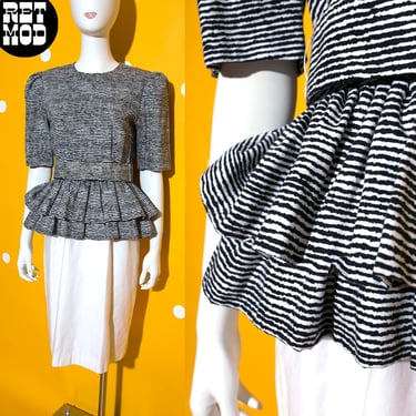 Sassy Vintage 80s 90s Black White Lines Peplum Dress by Richard Warren 