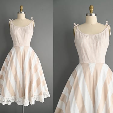 vintage 1950s Polished Cotton Stripe Print Full Skirt Sun Dress | Large 