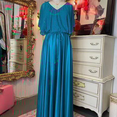 vintage 1970s teal green maxi dress crochet flutter sleeve blouson 70s disco med 