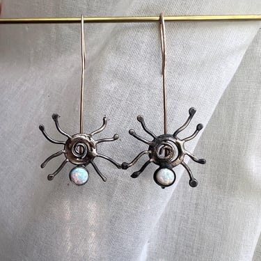 Handmade Spider Dangles for Spooky Season in Sterling Silver and 14k Goldfill with Opals 