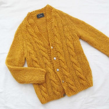 Vintage 60s Italian Cable Knit Cardigan Small - Oversized Mustard Yellow Long Knitted Wool Grandpa Cardigan Preppy Cottagecore Cozy Sweater 