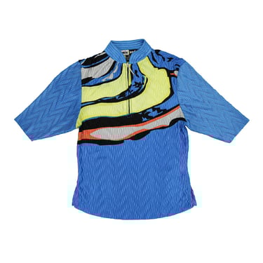 00s Abstract Blue Mock Neck Zippered Sporty Top Size XSmall - Small Vintage Graphic Tee Mock Neck Blouse Short Sleeve Top 80s Bicycle Top 