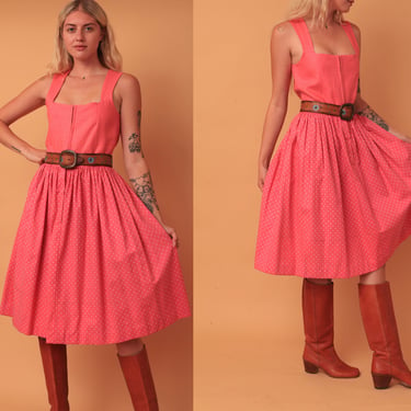 Vintage 1970s Pink Dirndl Corset Bodice Bustier Midi Dress w/ Square Neckline & Full Skirt 