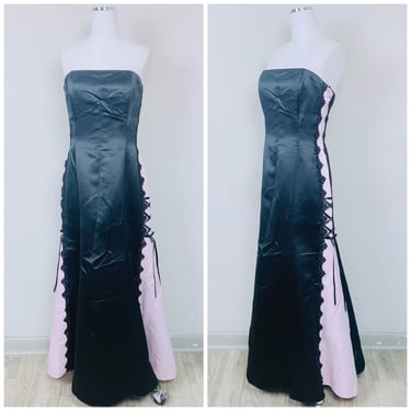 1990s Vintage Scott McClintock Black and Pink Strapless Prom Dress / 90s Corset Lace Mermaid Goth Gown / Size Medium 
