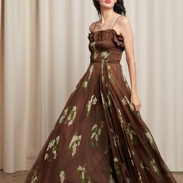 VALENTINO 70s Chocolate Floral Smocked Ruffle Gown