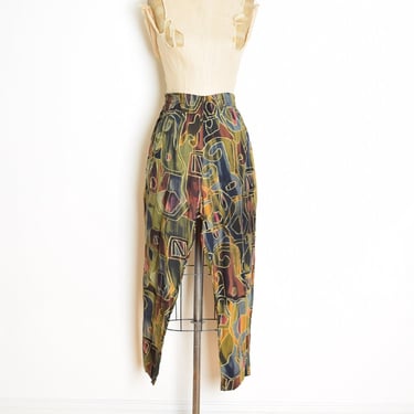 vintage 80s pants dark batik print watercolor high waisted rayon tapered L XL clothing 