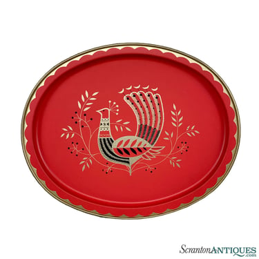 Mid-Century Modern Peacock Motif Oval Red & Gold Serving Tray