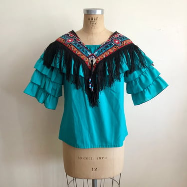 Bright Teal Ruffled Square-Dance Blouse with Detachable Fringed Yoke - 1980s 