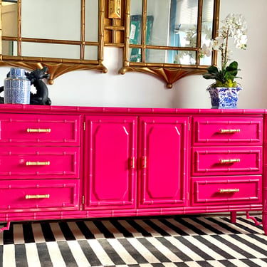 Lacquered Faux Bamboo Credenza in Hot Pink 