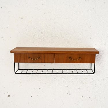 Vintage Scandinavian Teak Wall-Mounted Shelf with Double Drawer - Danish Design 1960s 