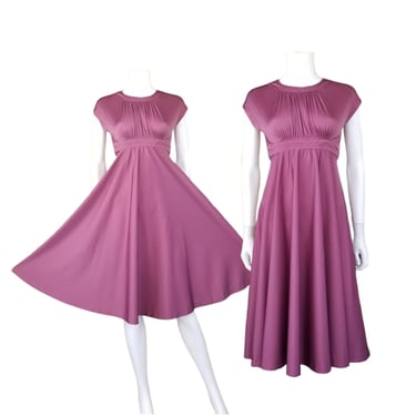 Vintage Empire Waist Dress, Extra Small Petite / Mauve Polyester 1970s Sleeveless Party Dress with Waist Ties / Flared Midi Cocktail Dress 