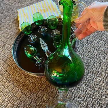 Murano Crystal Long Neck Wine Decanter with Handle, 5 cordial glasses~ Emerald Green Glass,  Clear Twisted Stemware Cordial Set~ Italian Bar 