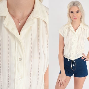 Off-White Blouse 70s Top Sheer Cutout Button Up Shirt Boho Cap Sleeve Shirt Bohemian Top Hippie Vintage 1970s Plain Cut Out Small 
