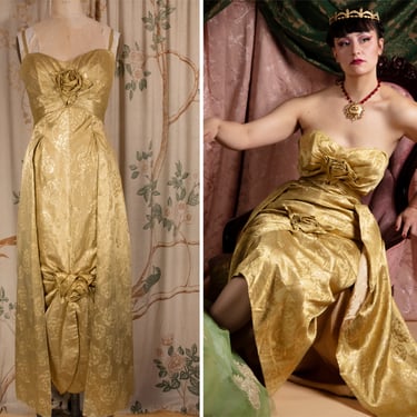1960s Dress - Bombshell Vintage Late 1950s / Early 60s Emma Domb Gold Brocade Gown with Rosettes and Cocoon Skirt 