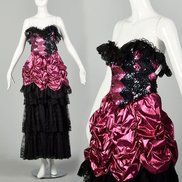 1980s Prom Dress Saloon Girl Pink Lame Gown Black Lace Sequin Strapless 