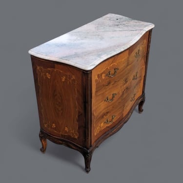 French Louis XV Marble Top Commode, Chest of Drawers, Marquetry, Linen Cabinet, Inlaid Wood, Three Drawers 