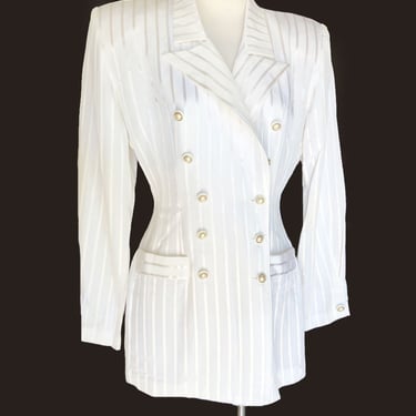1980's Ivory White Damask Striped Suit Blazer Jacket, Shoulder Pads, Fitted, Double Breasted, Vintage, 80's Padded Shoulders, Blouse, Coat 