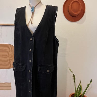 Vintage 90s Jones & Co Black Cotton Denim Button Front Pockets Overall Dress 16 