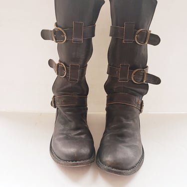 Vintage Brown Leather Knee High Boots Buckles Fiorentini + Baker Italian Designer Ladies Motorcycle Biker EU 37 7.5 