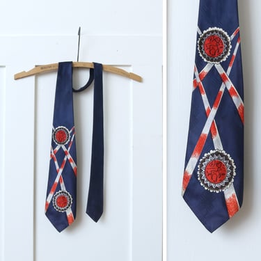 vintage 1950s novelty tie • steel blue & red mid-century stag reindeer necktie 