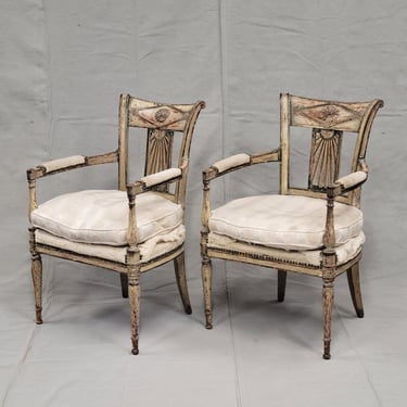 Antique French Louis XVI Painted Fauteuil Chairs - a Pair