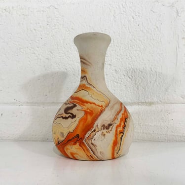 Vintage Nemadji Art Pottery Vase Swirl Handmade USA Flower Statement Orange Brown Mid-Century Modern White Beige 1970s 