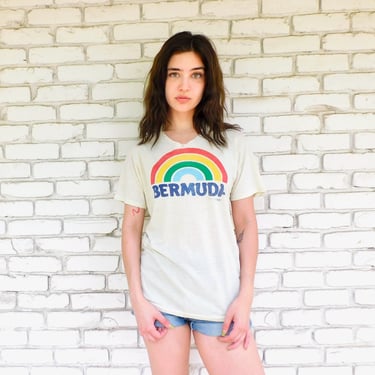 Rainbow Bermuda Shirt // vintage 80s 1980s tee t-shirt t top hippy shirt 80's 1980's thin soft USA // S/M 