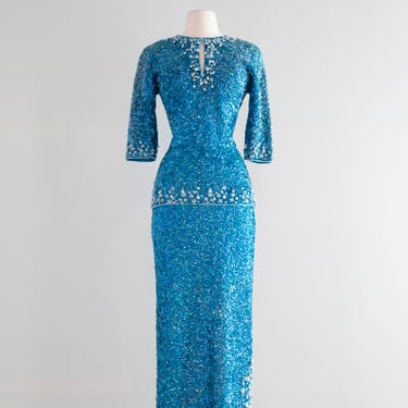 Iconic 1960's Mermaid Iridescent Gene Shelly Fully Beaded Evening Gown Set / Medium
