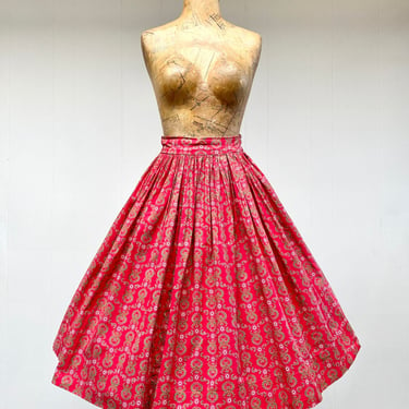Vintage 1950s Red Cotton Novelty Print Circle Skirt, Mid-Century Home Sewn Full Skirt, Small 26" Waist 