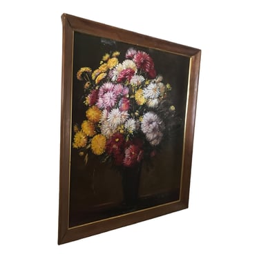 Vintage Original Signed Oil Botanical Painting Bouquet Of Dahlias, Chrysanthemums, Daisies In A Vase | Realism Still Life 