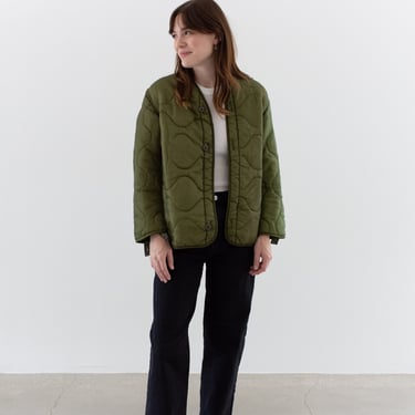 Vintage Green Liner Jacket | Unisex Wavy Quilted Nylon Coat | XS S | LI209 