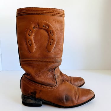 Vintage 70s Distressed Worn in Genuine Leather Pull on Mid Calf Western Boot 