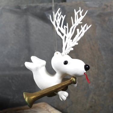 FOR SNOOPY FANS! Adorable Snoopy the Reindeer Ornament with Trumpet | Circa 1970s | Vintage Snoopy Christmas Ornament 
