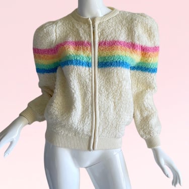 Colorful Nostalgia: Vintage 1980s Gitano Rainbow Fluffy Fleece Bomber Jacket Medium 
