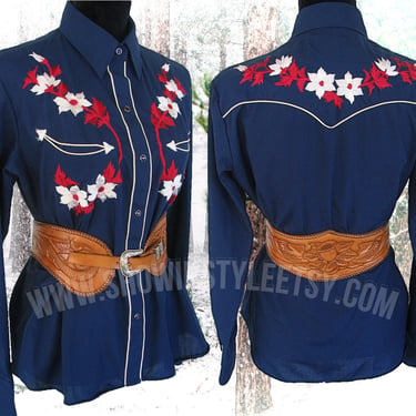 TemTex Vintage Western Cowgirl Shirt, Rodeo Blouse, Embroidered White Flowers &amp; Red Leaves, Tag Size 38, Approx. Medium (see meas. photo) 