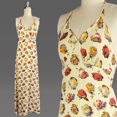 1990s Betsey Johnson Dress / Floral Rose Print Slip Dress / Rose Print Dress / Halter Dress / Betsy Johnson Slip Dress / Size Small Medium 
