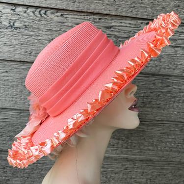 vintage coral wide brim hat 1960s peach ruffle mod sunhat 