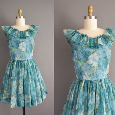 vintage 1950s dress | Gorgeous Fluttery Floral Chiffon Cocktail Party Mini Dress | XS 