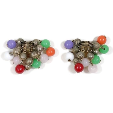 VINTAGE 50s Silver Filagree Tutti Frutti Bead Cluster Clip on Earrings | 40s 50s Retro Carmen Miranda MCM Atomic Jewelry | VFG 