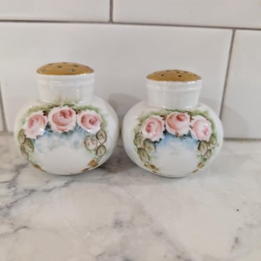 Vintage Floral and White Salt and Pepper Handmade Shakers with Brass Top 