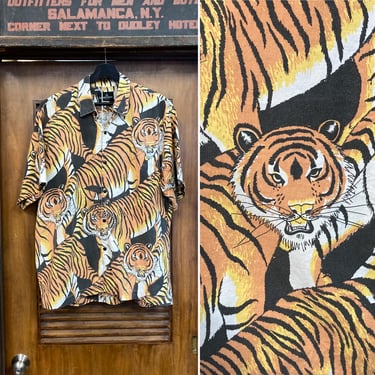 Vintage 1980’s Size XL “Cactus Club” Tiger All Over Print AOP Cotton New Wave Hawaiian Shirt, 80’s Vintage Clothing 